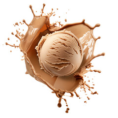 Ice cream scoop or balls with milk chocolate splash isolated on white background. Top view