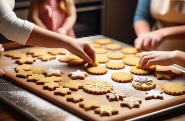 Family baking and decorating a delicious assortment of themed cookies, smiles and laughter. 