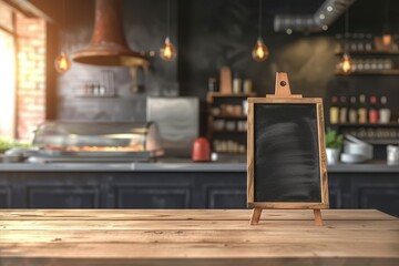 Copy space available on wooden table with blackboard menu easel and blurred kitchen in background add your content
