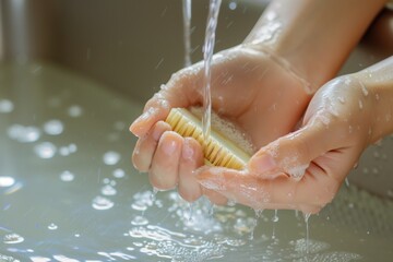 hands scrubbing with a nail brush under running water