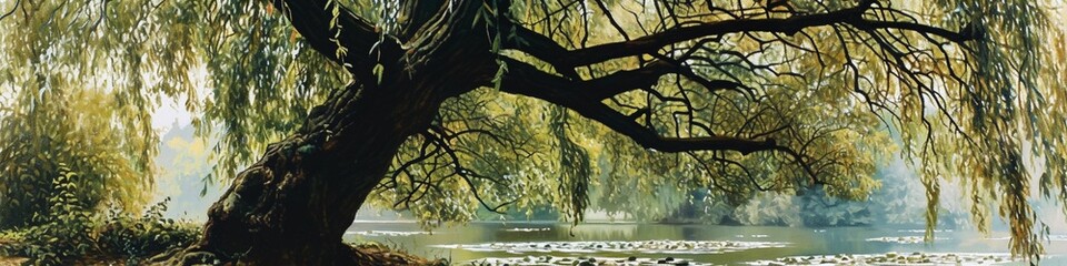 A breathtaking view of a weeping willow tree, its graceful branches hanging low, adorned with dew-kissed leaves