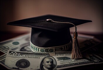 Graduation cap on the stack of money. Student loan concept. Generative AI