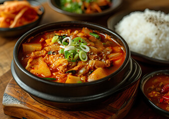 Kimchi Jjigae, Kimchi Stew, Korean traditional cuisine, angle view, ultra realistic food photography