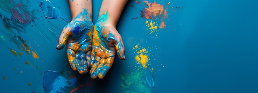 Tactile Artistry with Blue and Orange Painted Hands