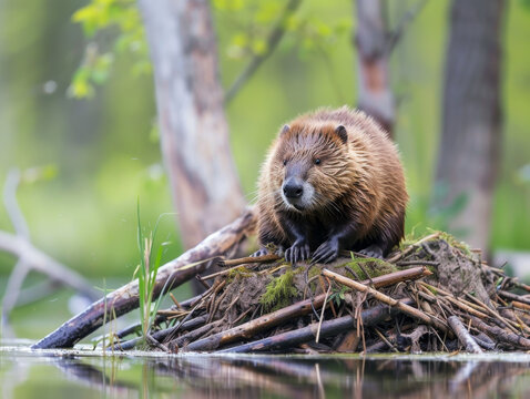 A closeup photo of a beaver building a dam. 