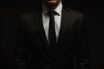 Faceless businessman in a dark studio dressed in a black suit white shirt and black tie on a black background