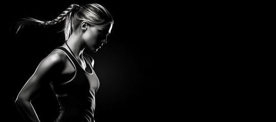 Beautiful female fitness model portrait banner with copy space.  black and white isolated on black...
