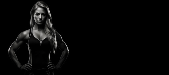 Beautiful female fitness model portrait banner with copy space.  black and white isolated on black background
