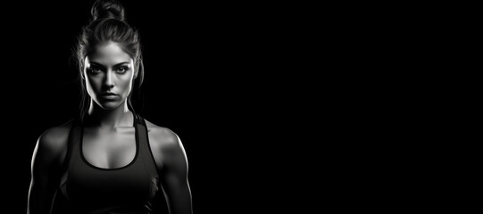 Fototapeta na wymiar Beautiful female fitness model portrait banner with copy space. black and white isolated on black background