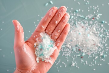 hand holding cosmetic scrub revealing microplastic beads