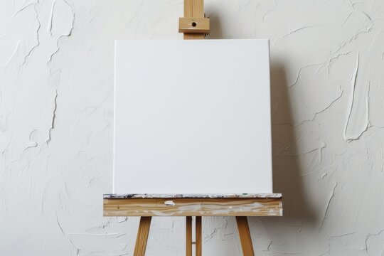 Empty canvas on wooden easel next to white wall with room for writing
