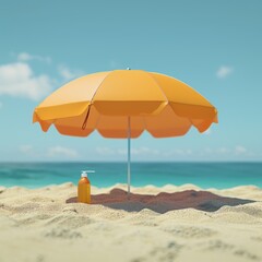 Fototapeta na wymiar Umbrellas on the beach with mats and skin protection cream for the atmosphere when summer arrives for relaxation, sunbathing, relaxation and holidays. Generative Ai