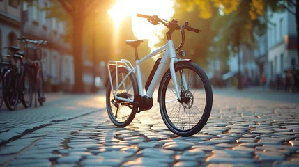 Foto op Plexiglas Nice electric bike parked on cobble stone street in downtown. Eco friendly commuter. © Jammy Jean