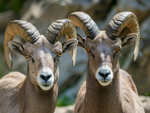 A couple of bighorn sheep in rocky terrain. - Powered by Adobe