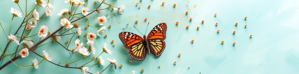 Fototapeta premium butterfly and gold spots on a mint background with small flowers, top view --ar 4:1 --v 6 Job ID: 4f1f11b5-fba0-4f93-900e-78b477dab568