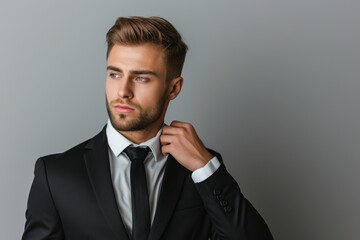 Handsome man in black suit with tie and buttoned cuff looking to the side isolated on grey background