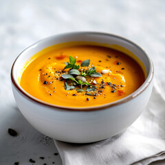 Pumpkin soup close-up, angle view, ultra realistic food photography