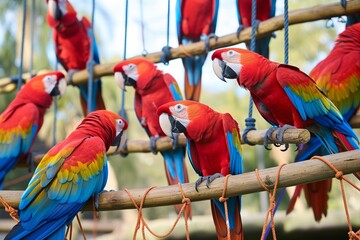 group of parrots on a zoo playstructure with ropes and ladders - obrazy, fototapety, plakaty