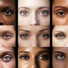 Collage showing women of different races with distinctive facial features and different eyes color. Black, brown and white ladies. Race. Iris. Diversity. African and Caucasian females. Interracial