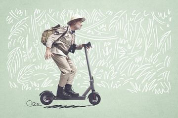 Vintage style explorer riding an e-scooter