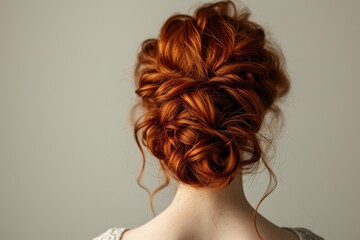 Frizzy red hair woman s style viewed from behind at a haircare spa salon