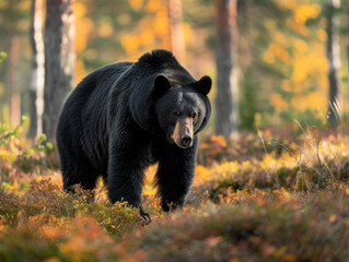 A solitary black bear roaming through an autumnal forest with golden foliage.