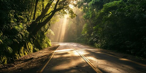 A secluded highway running through a dense rainforest, with sunrays piercing through the canopy above - obrazy, fototapety, plakaty