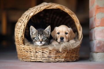 Obraz premium kitten and puppy peeking out of a wicker basket