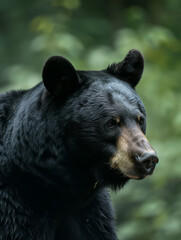 Detail of a majestic black bear in lush green nature.