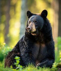 Black bear sitting on a forest floor, resting.