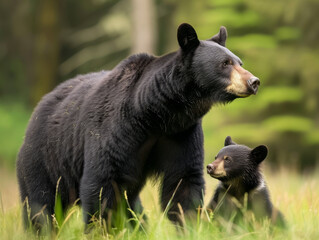 A watchful black bear mother with her cub in a lush green forest.