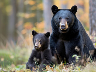 A watchful black bear mother with her cub in a lush green forest.