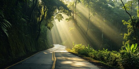 A secluded highway running through a dense rainforest, with sunrays piercing through the canopy...