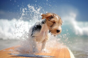 wet puppy shaking off water on surfboard, wave in background