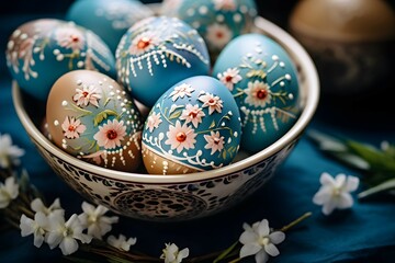 Obraz na płótnie Canvas A collection of easter eggs beautifully decorated with intricate golden floral patterns nestled within a woven basket