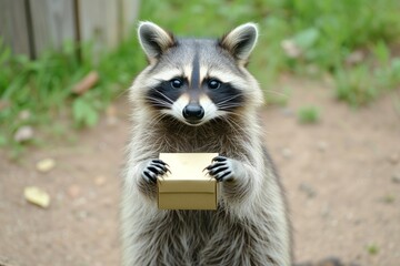 raccoon on hind legs, holding a small gift box in paws