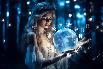 Naklejka premium Beautiful girl on a night with a magic ball. Astrology and Zodiac Concept. Generative Ai.