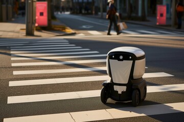 robot courier waiting at pedestrian crossing - obrazy, fototapety, plakaty