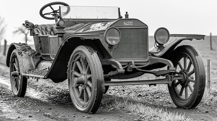 A vintage car from the early 1900s captured in a black and white photograph on a muddy road - Powered by Adobe