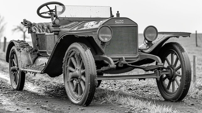 Fototapeta A vintage car from the early 1900s captured in a black and white photograph on a muddy road