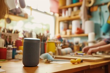 person in a craft room asking a smart speaker to play a podcast