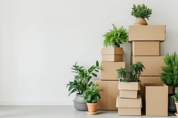 Different cardboard boxes with belongings and green plants in pots against a white wall background Renting buying moving to a new home