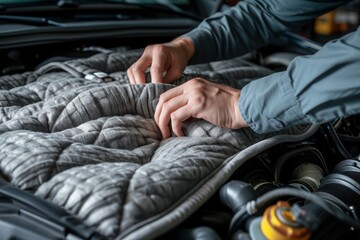 hands adjusting sound insulation blankets in a car engine bay