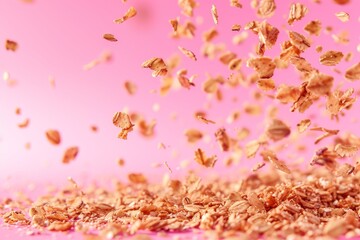 High res image granola flakes in zero gravity pink background