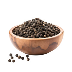 Wooden bowl of black pepper in white background