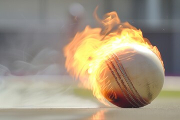 cricket ball with flames bowled on pitch