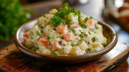 Russian Olivie salad in a bowl. Vegetables in mayonaise.