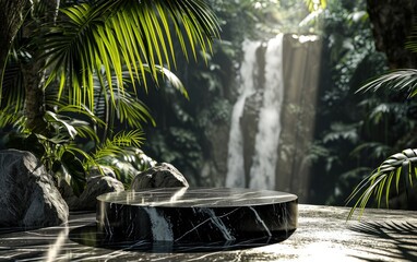 Black marble round podium ceramic pedestal display with palm tree, rock, and waterfall background
