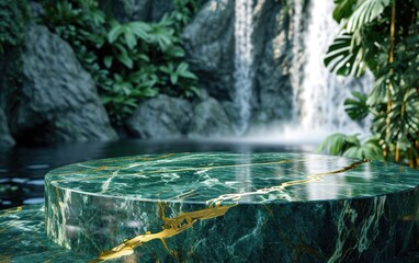 Close-up green marble empty round podium pedestal for display with tropical waterfall in rainforest background