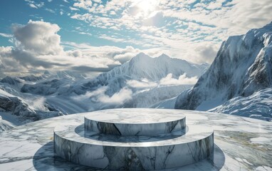 Empty white black marble podium pedestal stage display with amazing snowy mountains blue sky background